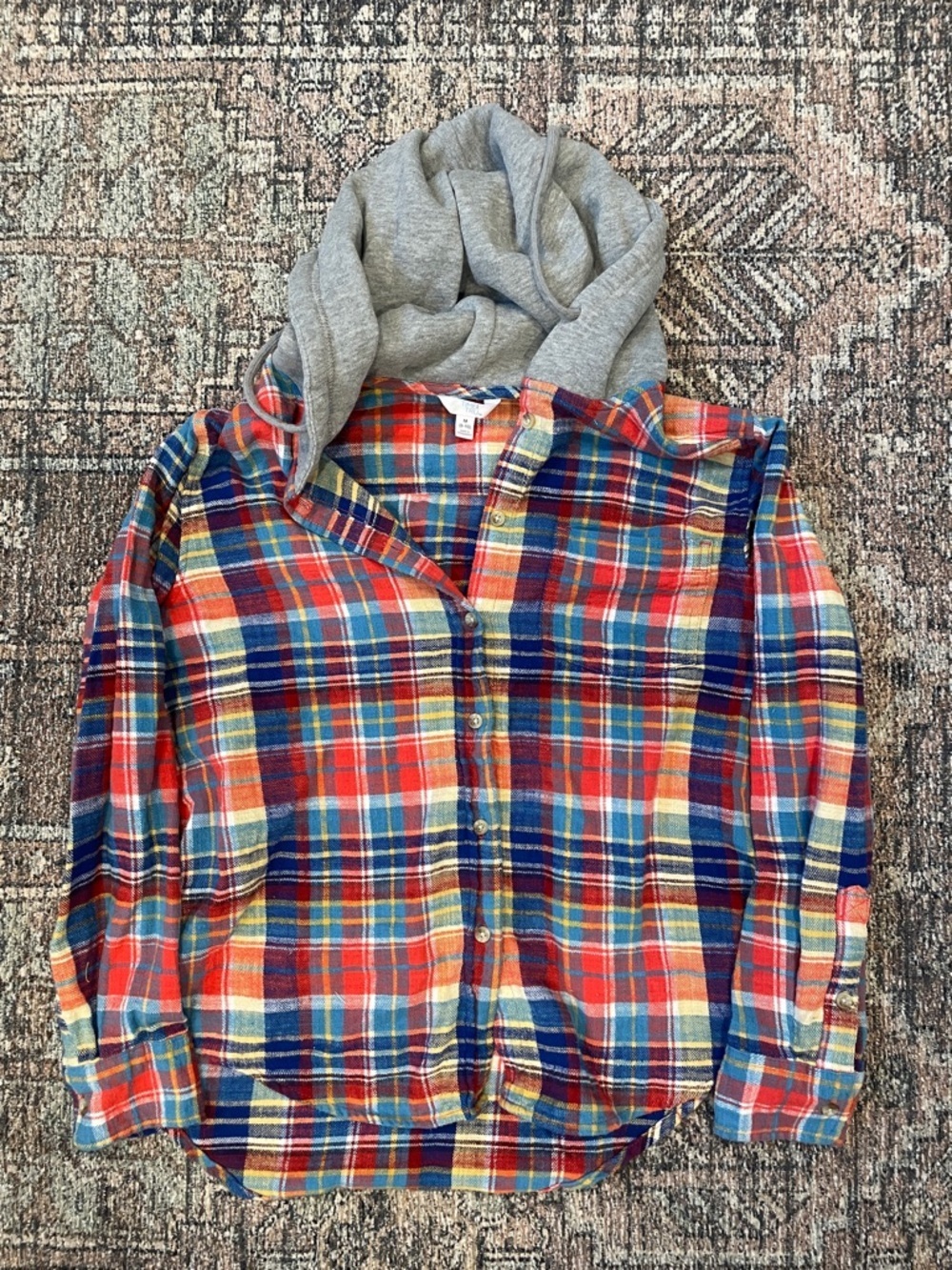 Time and Tru Plaid Flannel Shirt Hoodie Layered Look Size M
